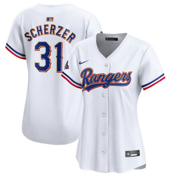 Women's Texas Rangers #31 Max Scherzer White 2024 Gold Collection Stitched Baseball Jersey