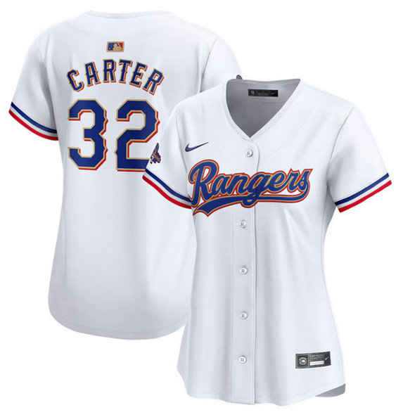 Women's Texas Rangers #32 Evan Carter White 2024 Gold Collection Stitched Baseball Jersey