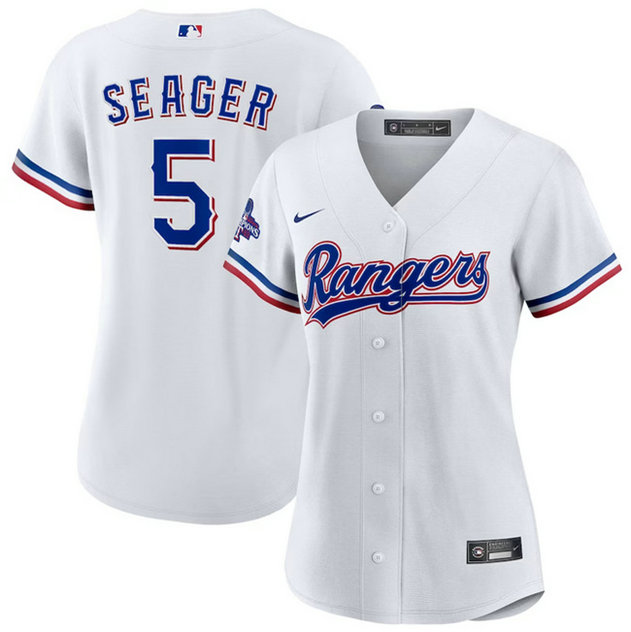 Women's Texas Rangers #5 Corey Seager White 2023 World Series Champions Stitched Baseball Jersey