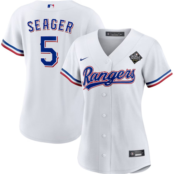 Women's Texas Rangers #5 Corey Seager White 2023 World Series Stitched Baseball Jersey
