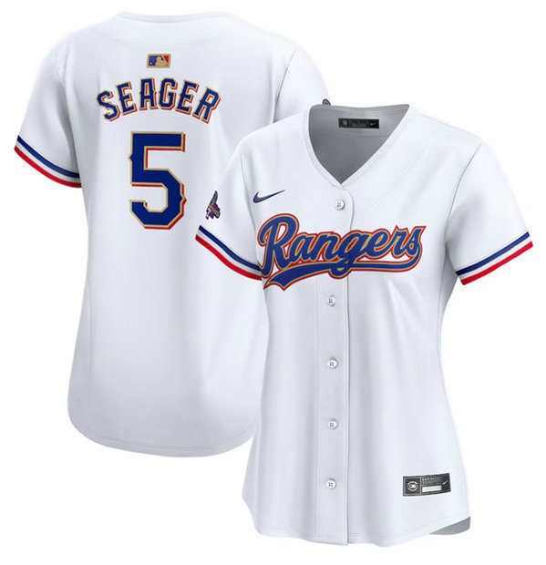 Women's Texas Rangers #5 Corey Seager White 2024 Gold Collection Stitched Baseball Jersey