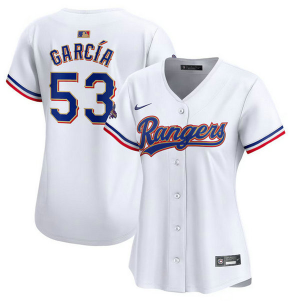 Women's Texas Rangers #53 Adolis Garcia White 2024 Gold Collection Stitched Baseball Jersey