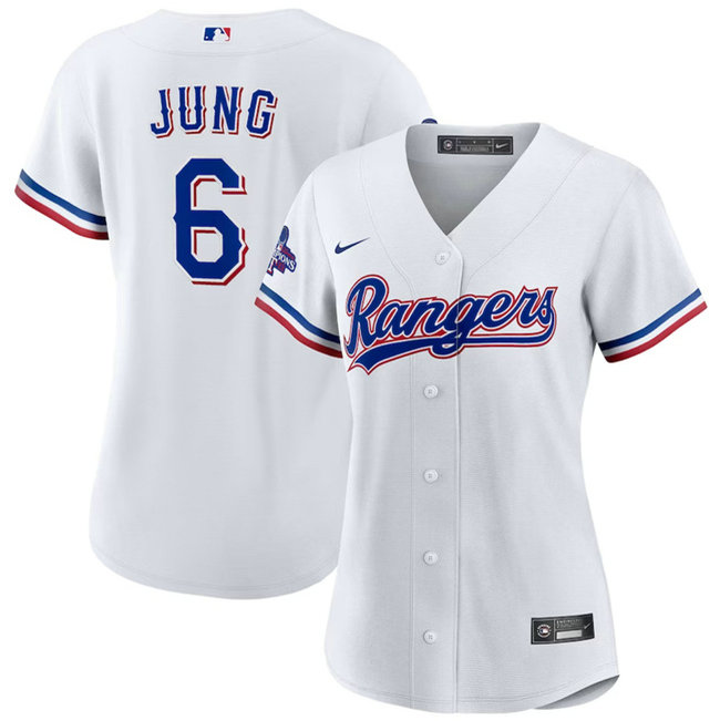 Women's Texas Rangers #6 Josh Jung White 2023 World Series Champions Stitched Baseball Jersey