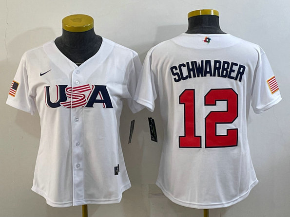 Women's USA Baseball #12 Kyle Schwarber 2023 White World Baseball Classic Stitched Jersey