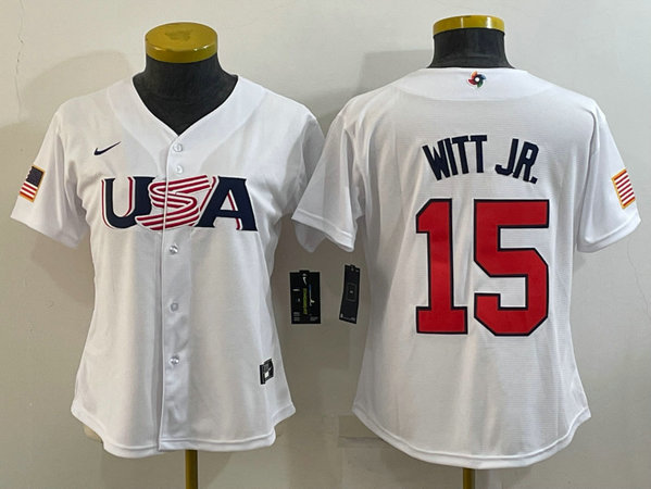 Women's USA Baseball #15 Bobby Witt Jr. 2023 White World Baseball Classic Stitched Jersey