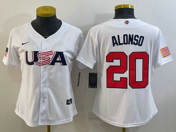 Women's USA Baseball #20 Pete Alonso 2023 White World Baseball Classic Stitched Jersey