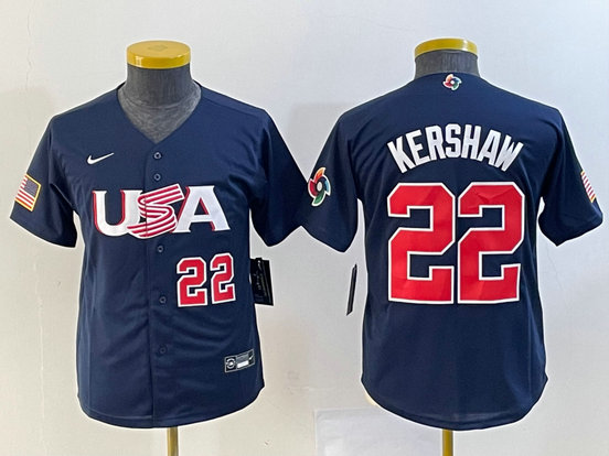 Women's USA Baseball #22 Clayton Kershaw 2023 Navy World Baseball Classic With Patch Stitched Jersey