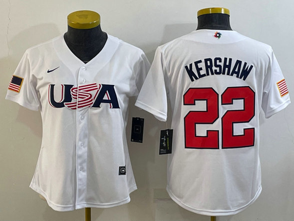 Women's USA Baseball #22 Clayton Kershaw 2023 White World Baseball Classic Stitched Jersey