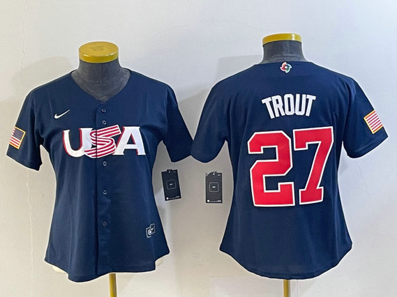 Women's USA Baseball #27 Mike Trout 2023 Navy World Baseball Classic Stitched Jersey