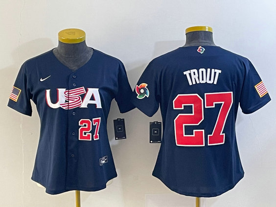 Women's USA Baseball #27 Mike Trout 2023 Navy World Baseball Classic With Patch Stitched Jersey