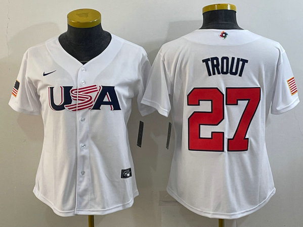 Women's USA Baseball #27 Mike Trout 2023 White World Baseball Classic Stitched Jersey