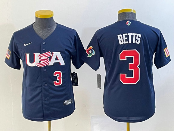 Women's USA Baseball #3 Mookie Betts 2023 Navy World Baseball Classic With Patch Stitched Jersey