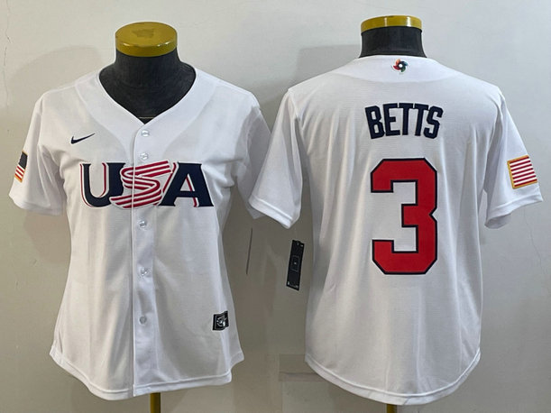 Women's USA Baseball #3 Mookie Betts 2023 White World Baseball Classic Stitched Jersey