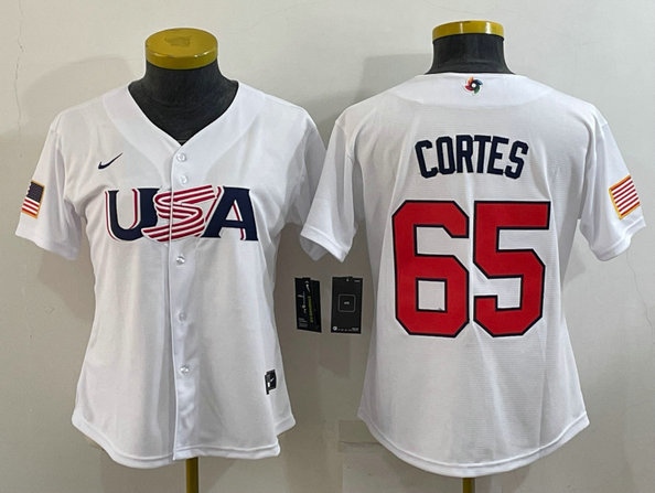 Women's USA Baseball #65 Nestor Cortes 2023 White World Baseball Classic Stitched Jersey