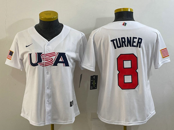 Women's USA Baseball #8 Trea Turner 2023 White World Baseball Classic Stitched Jersey