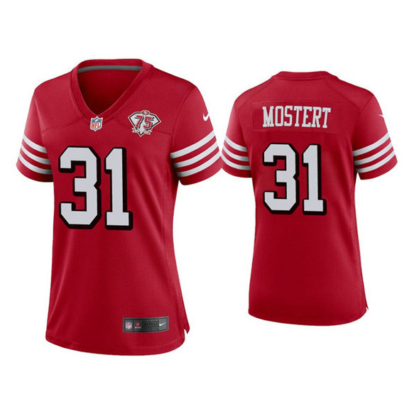 Women 49ers #31 Raheem Mostert 75th Anniversary Alternate Scarlet Jersey