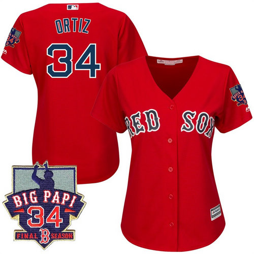 Women Boston Red Sox 34 David Ortiz Red Cool Base Jersey with Retirement Patch