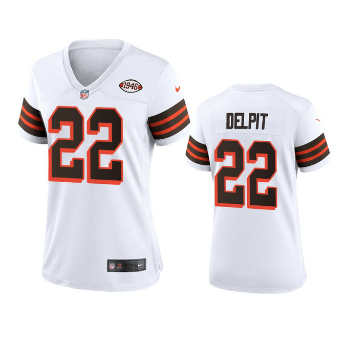 Women Browns #22 Grant Delpit Nike 1946 Collection Alternate Game Limited NFL Jersey - White