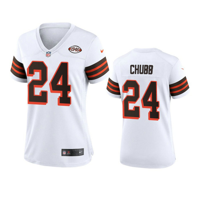 Women Browns #24 Nick Chubb Nike 1946 Collection Alternate Game Limited NFL Jersey - White
