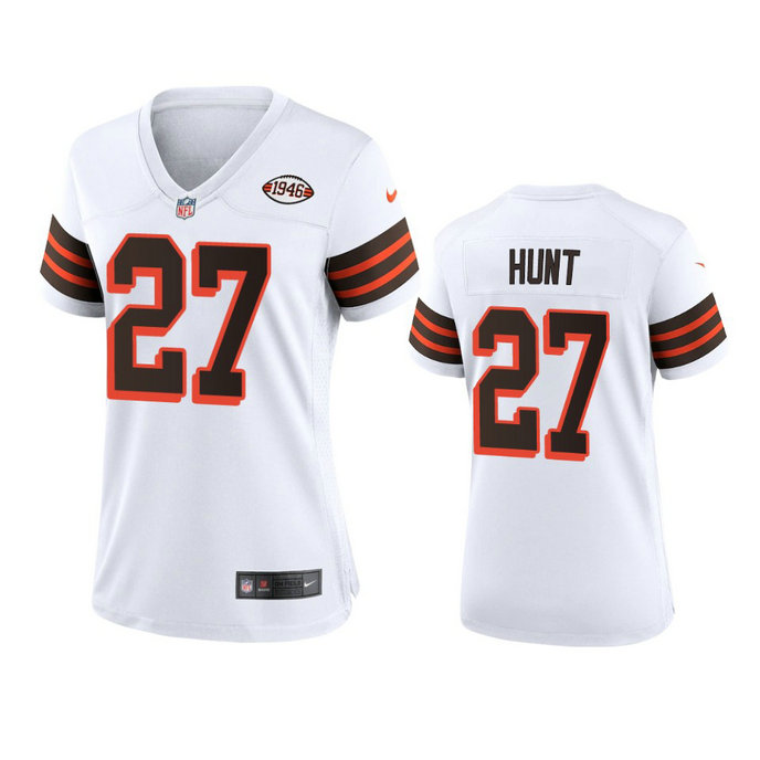 Women Browns #27 Kareem Hunt Nike 1946 Collection Alternate Game Limited NFL Jersey - White