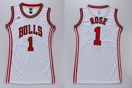 Women Bulls 1 Derrick Rose White Dress NBA Jersey