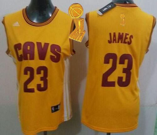 Women Cavaliers 23 LeBron James Gold The Champions Patch Alternate NBA Jersey