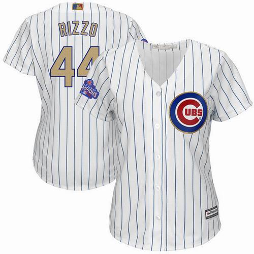 Women Chicago Cubs #44 Anthony Rizzo White 2017 Gold Program 2016 World Series Champions Jersey