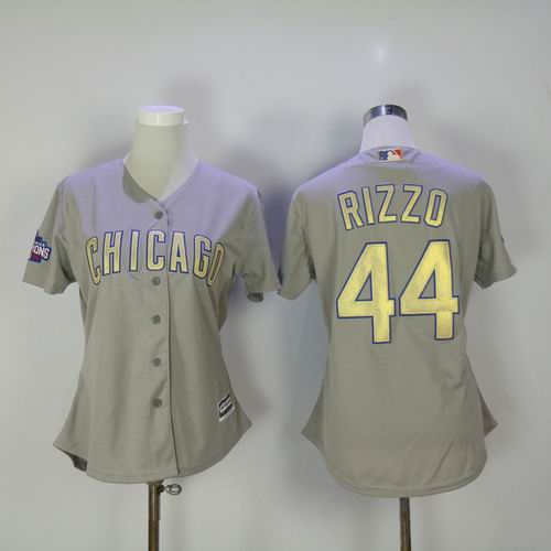 Women Chicago Cubs #44 Anthony Rizzo grey 2017 Gold Program 2016 World Series Champions Jersey