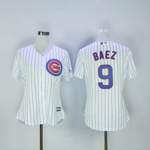 Women Chicago Cubs #9 Javier Baez white strip Jersey