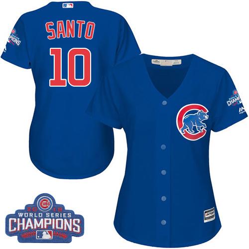 Women Chicago Cubs 10 Ron Santo Blue Alternate 2016 World Series Champions MLB Jersey