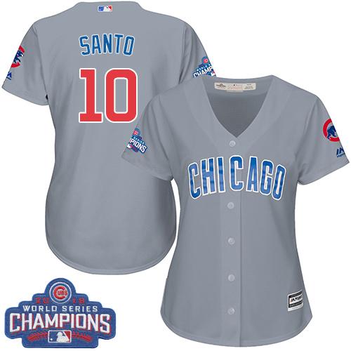 Women Chicago Cubs 10 Ron Santo Grey Road 2016 World Series Champions MLB Jersey