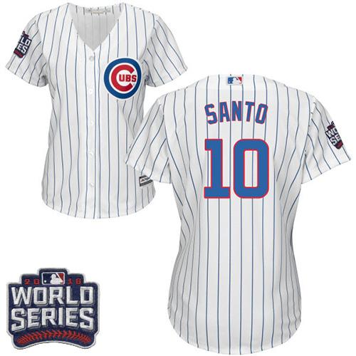 Women Chicago Cubs 10 Ron Santo White(Blue Strip) Home 2016 World Series Bound MLB Jersey