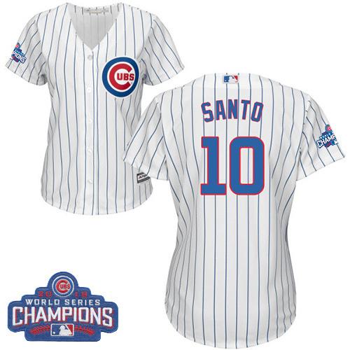 Women Chicago Cubs 10 Ron Santo White-Blue Strip- Home 2016 World Series Champions MLB Jersey