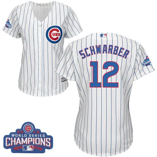 Women Chicago Cubs 12 Kyle Schwarber White-Blue Strip- Home 2016 World Series Champions MLB Jersey