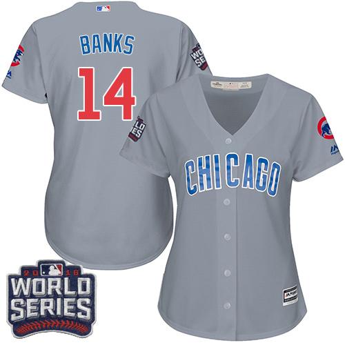 Women Chicago Cubs 14 Ernie Banks Grey Road 2016 World Series Bound MLB Jersey