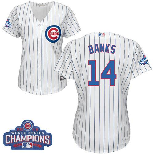 Women Chicago Cubs 14 Ernie Banks White-Blue Strip- Home 2016 World Series Champions MLB Jersey