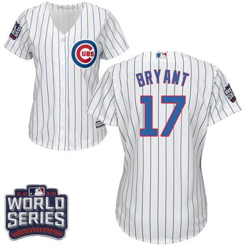 Women Chicago Cubs 17 Kris Bryant White(Blue Strip) Home 2016 World Series Bound MLB Jersey