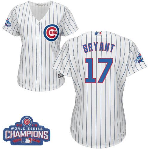 Women Chicago Cubs 17 Kris Bryant White-Blue Strip- Home 2016 World Series Champions MLB Jersey
