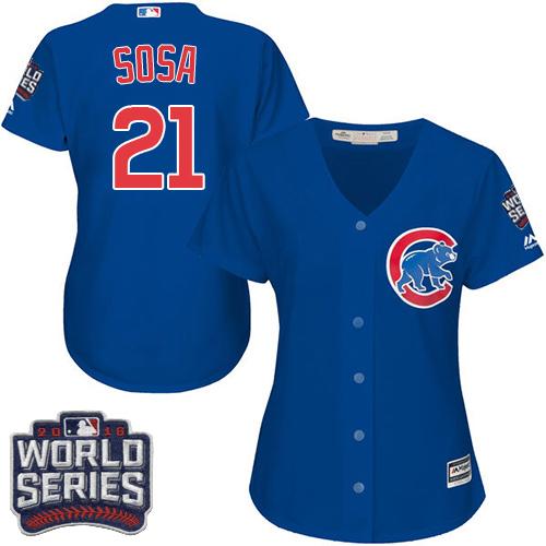Women Chicago Cubs 21 Sammy Sosa Blue Alternate 2016 World Series Bound MLB Jersey