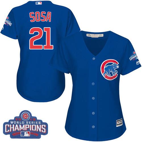 Women Chicago Cubs 21 Sammy Sosa Blue Alternate 2016 World Series Champions MLB Jersey