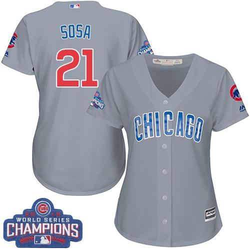 Women Chicago Cubs 21 Sammy Sosa Grey Road 2016 World Series Champions MLB Jersey