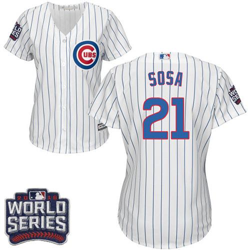 Women Chicago Cubs 21 Sammy Sosa White(Blue Strip) Home 2016 World Series Bound MLB Jersey