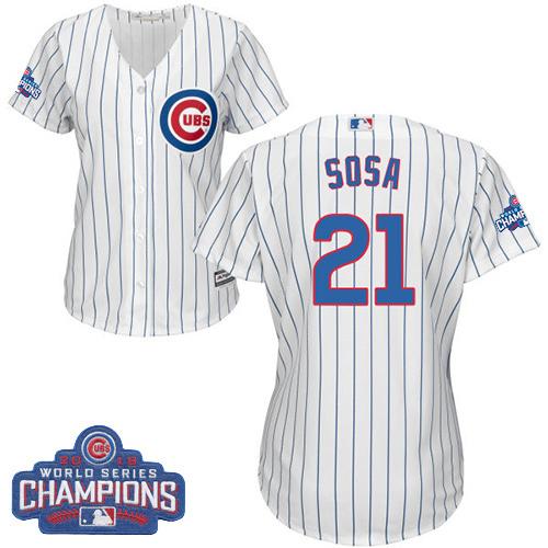 Women Chicago Cubs 21 Sammy Sosa White-Blue Strip- Home 2016 World Series Champions MLB Jersey