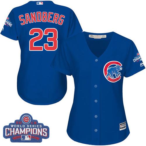 Women Chicago Cubs 23 Ryne Sandberg Blue Alternate 2016 World Series Champions MLB Jersey