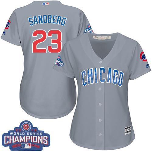 Women Chicago Cubs 23 Ryne Sandberg Grey Road 2016 World Series Champions MLB Jersey