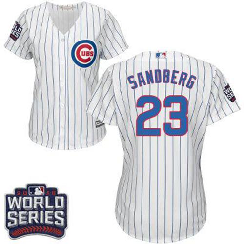 Women Chicago Cubs 23 Ryne Sandberg White(Blue Strip) Home 2016 World Series Bound MLB Jersey
