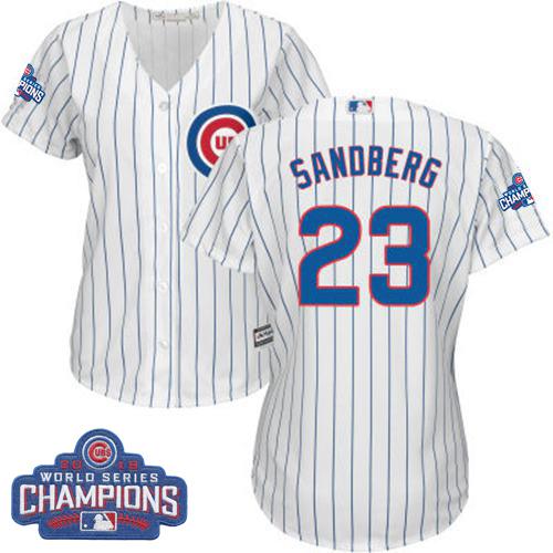 Women Chicago Cubs 23 Ryne Sandberg White-Blue Strip- Home 2016 World Series Champions MLB Jersey