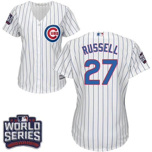 Women Chicago Cubs 27 Addison Russell White(Blue Strip) Home 2016 World Series Bound MLB Jersey