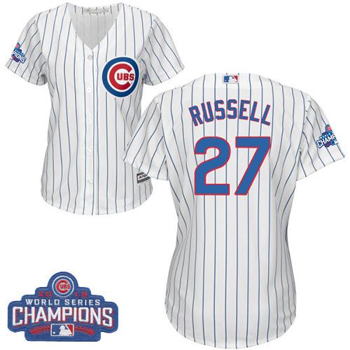 Women Chicago Cubs 27 Addison Russell White-Blue Strip- Home 2016 World Series Champions MLB Jersey