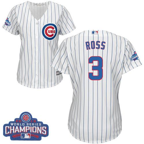 Women Chicago Cubs 3 David Ross White-Blue Strip- Home 2016 World Series Champions MLB Jersey